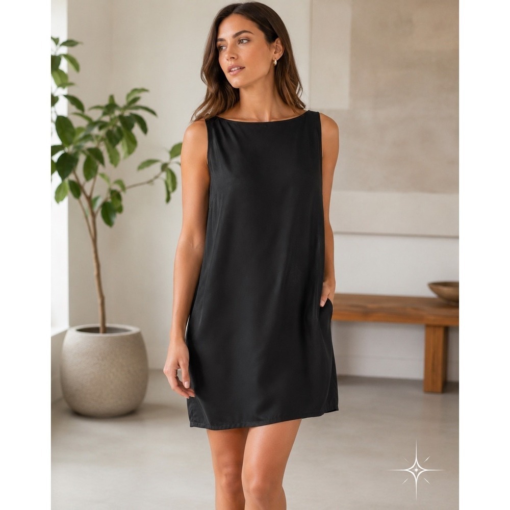 Eileen Fisher Black 100% Silk Sleeveless Shift Dress Women's 3X Minimalist
